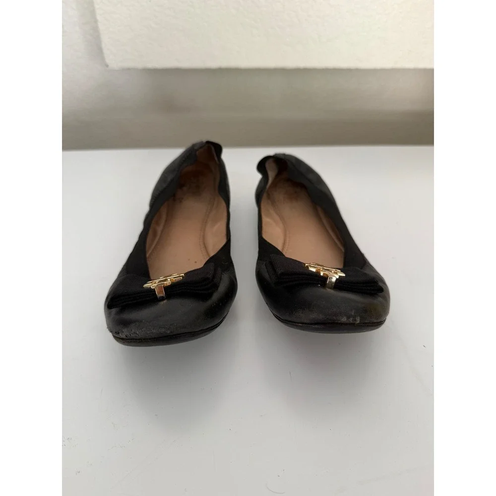 Tory Burch Liana Black Leather Bow Ballet Flats Gold Logo Hardware Round Toe 6.5